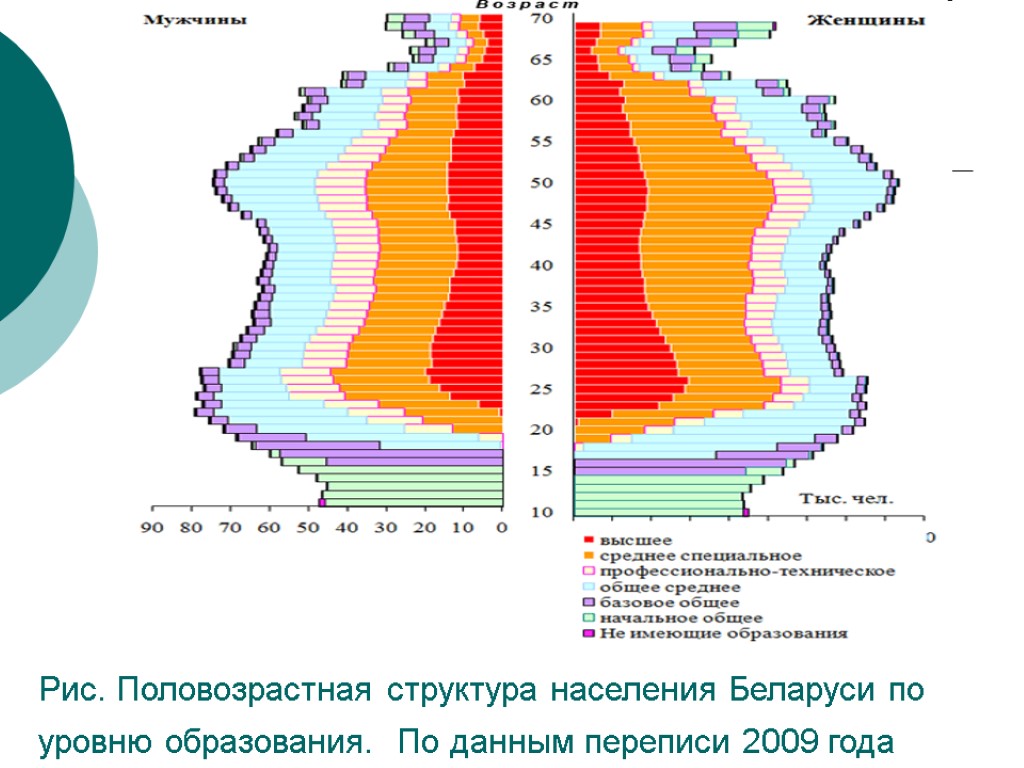 Рис. Половозрастная структура населения Беларуси по уровню образования. По данным переписи 2009 года